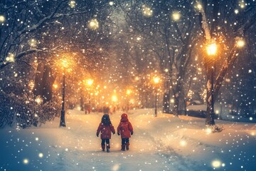 Children strolling through a snowy winter wonderland illuminated by festive holiday lights at night