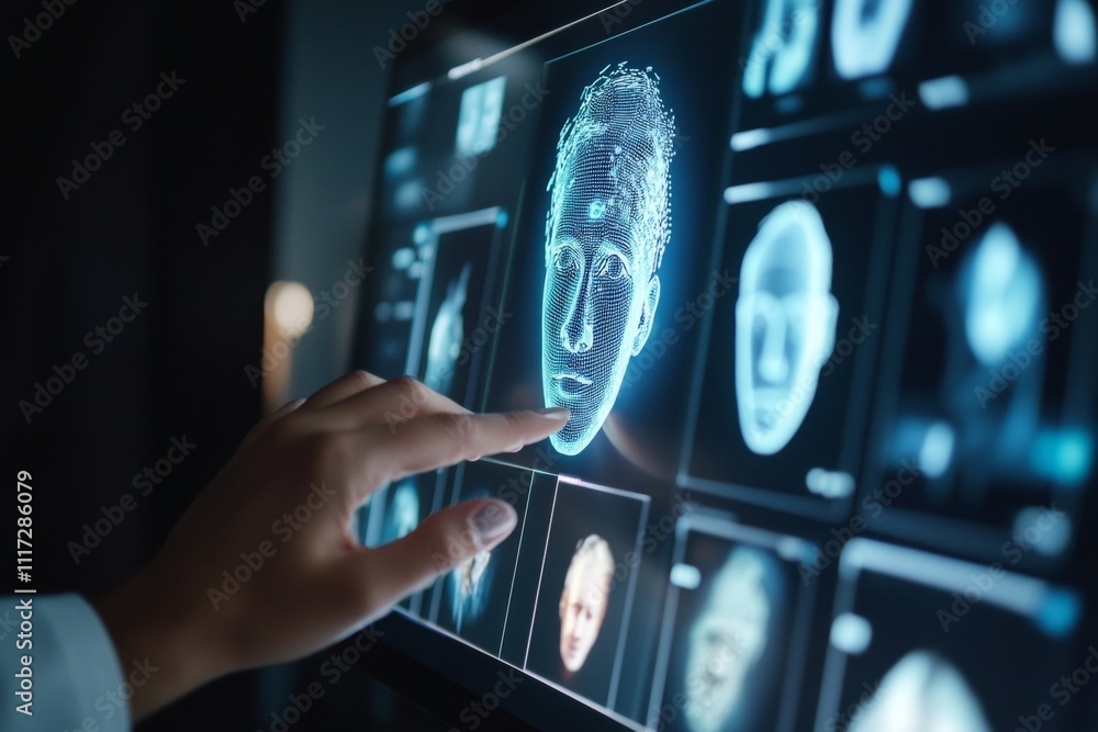 Poster hand engaging with digital interface displaying advanced 3d facial recognition on a computer screen