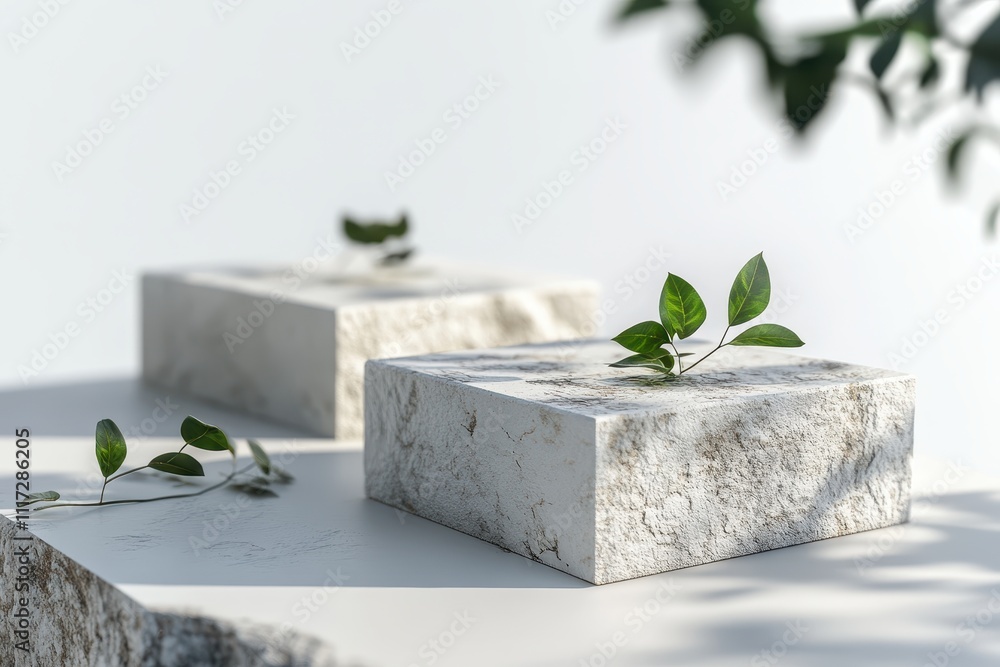 Aufkleber minimalistic display of stone blocks with greenery, emphasizing nature and design.