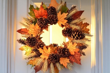 A decorative autumn wreath featuring pinecones and colorful leaves.
