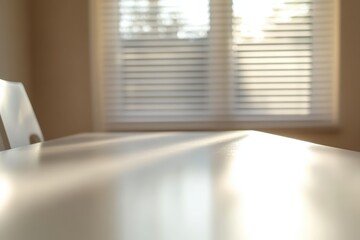 A softly lit table with a blurred background of a window and blinds.