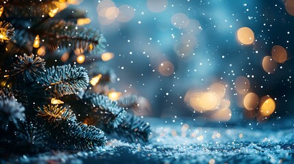 A minimalistic Christmas background in shades of blue, highlighted by glowing snow particles and a frosty border effect