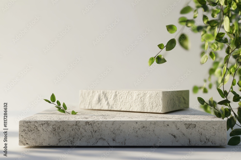 Aufkleber a minimalistic arrangement of textured blocks with greenery, emphasizing simplicity and nature.