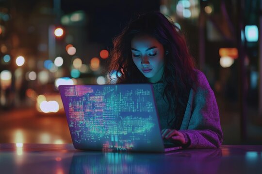 Nighttime scene of a woman contemplating data analytics with laptop and holographic code overlay
