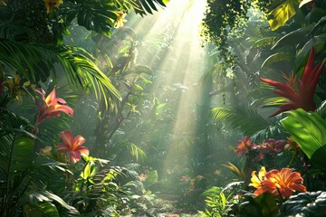 Lush tropical jungle with sunlight rays.