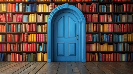 Colorful bookshelf with blue door in cozy library setting