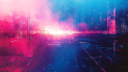 Fototapeta premium A dynamic gradient of electric blue merging into neon pink, textured with glitch-like digital noise and subtle holographic highlights, evoking a sleek and futuristic aesthetic, hd resolution.