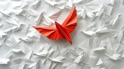 Colorful origami butterfly amidst white paper wings artistic scene
