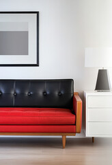 Modern living room featuring a stylish black and red sofa with minimalist decor and lamp