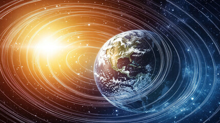 Obraz premium Earth axis diagram illustration showing the tilt of the Earth's rotational axis relative to its orbital plane, explaining the cause of seasonal changes and the distribution of sunlight.