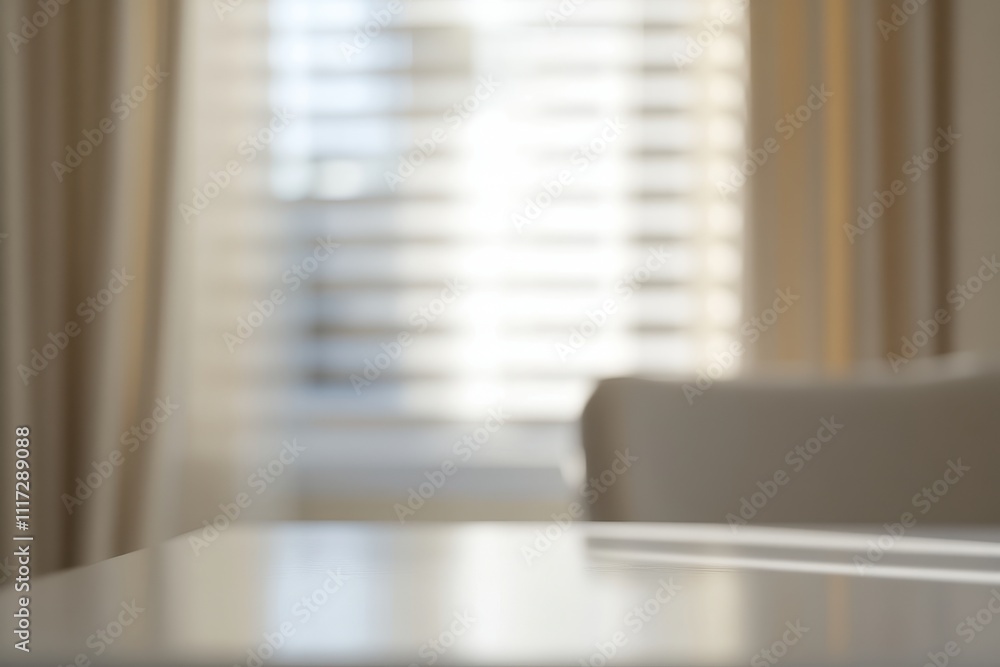 Poster A soft focus view of a table with a blurred background of curtains and a window.