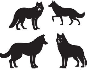 silhouettes of wolf , side poses , standing position , on white background 