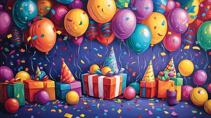 Fototapeta premium Celebrating joyful birthdays indoors with balloons and colorful gifts