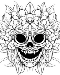 Fototapeta premium A skull with flowers and leaves surrounding it. The skull has a smile on its face. The flowers and leaves are colorful and vibrant. Scene is cheerful and lighthearted