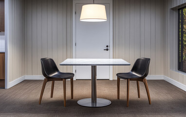 Modern dining area with minimalist design and warm lighting in a contemporary setting