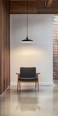 Fototapeta premium Modern seating area with pendant light and wooden accents in a serene interior space
