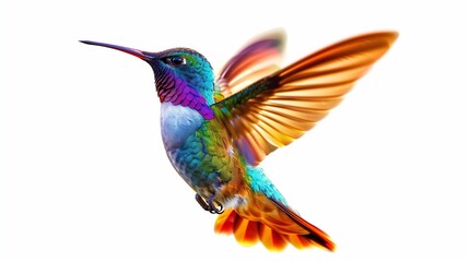 A hummingbird hovering mid-air, its wings a blur while its vibrant body remains in sharp focus, isolated on white.