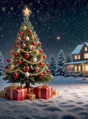 Obraz premium Christmas trees and gift boxes beautifully decorated with golden ornaments, red bows, and twinkling lights over the snowy landscape