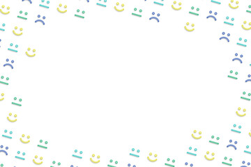 寒色系の右に傾いたカラフルで様々な顔のアイコンが並ぶフレーム