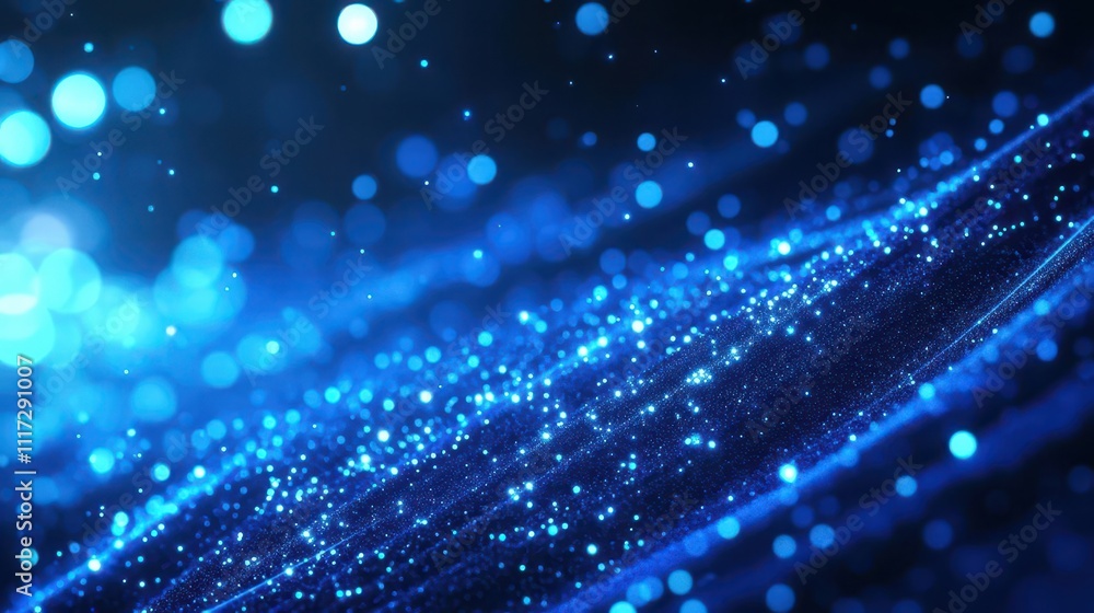 Poster blue and white particles form a flowing data stream, moving through a dark space with light trails s