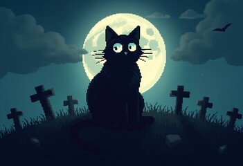 Pixel art illustration of A black cat with large eyes sits on a grassy hill in a graveyard with a full moon behind it