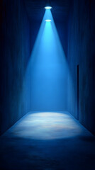 Blue-lit, empty corridor with a door.