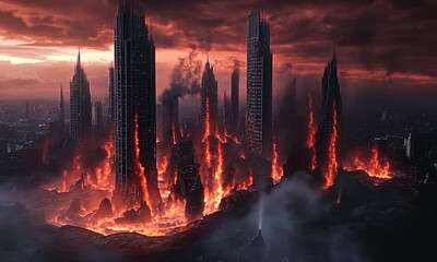 A fiery, dystopian cityscape with towering buildings amidst lava and dark clouds. - Powered by Adobe