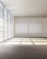 Fototapeta premium Sunlit minimalist interior with large windows and soft shadows in a spacious environment