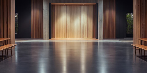 Modern hall with wooden accents and polished floor suitable for events and gatherings