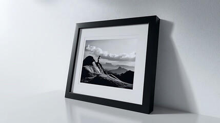 A black framed photo of a mountain with a person standing on it