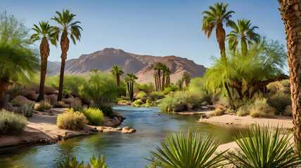 Obraz premium Serene Oasis in a Vast Arid Desert, Surrounded by Palm Trees and Reddish Mountains