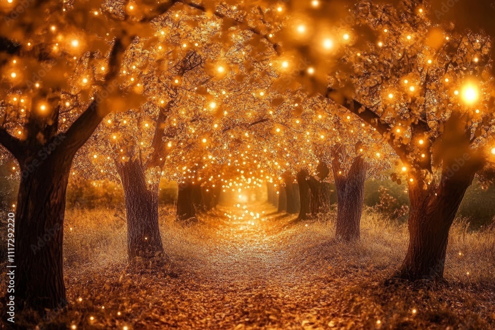 Poster magical forest landscape with glowing trees and sparkling particles in an enchanting atmosphere
