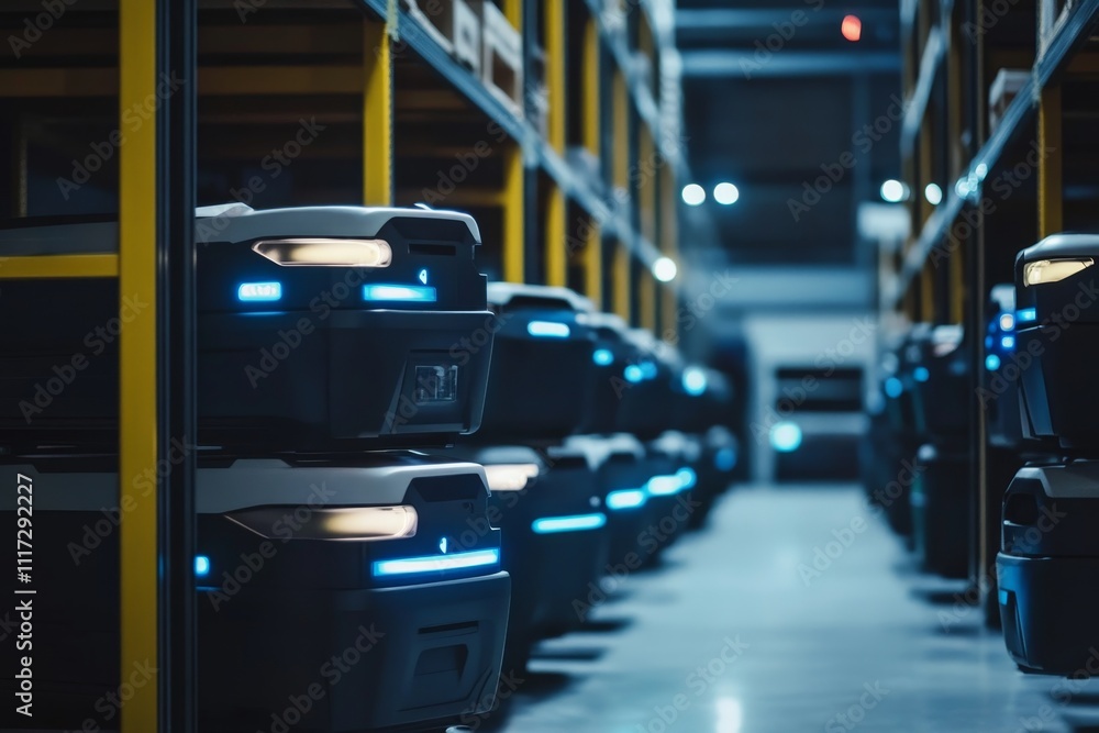 Poster smart warehouse robots collaborate in high tech logistics for efficient automated systems