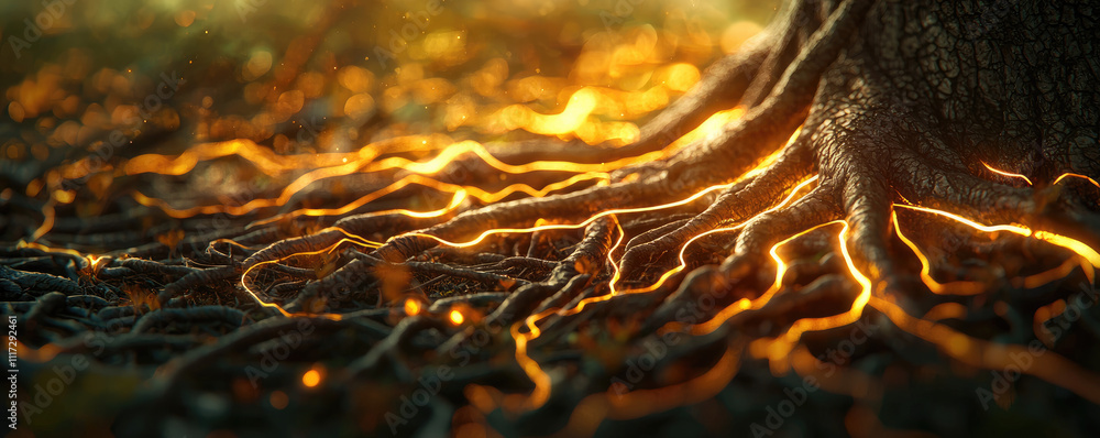 Poster a captivating view of glowing tree roots intertwining in a magical forest setting.
