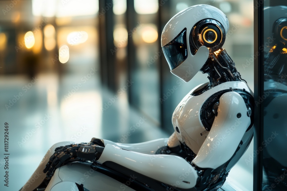 Poster futuristic robot displaying advanced technology in a minimalist environment with sleek design