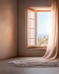 Soft sunlight streaming through an open window with flowing curtains in a serene interior space