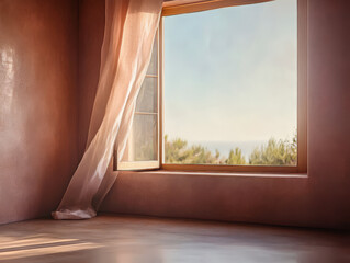 Fototapeta premium Warm sunlight filters through an open window with sheer curtains in a serene room setting