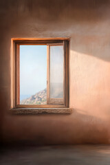 Fototapeta premium Natural light streaming through a wooden window overlooking a coastal landscape