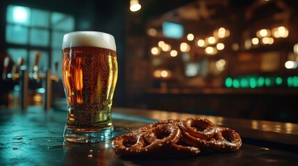 Frosty glass of beer served with pretzels in a lively pub atmosphere