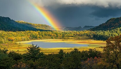 A vibrant landscape featuring a rainbow over a serene lake and autumn foliage.