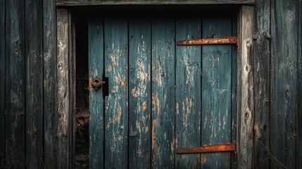 A weathered blue door with rustic details and peeling paint.