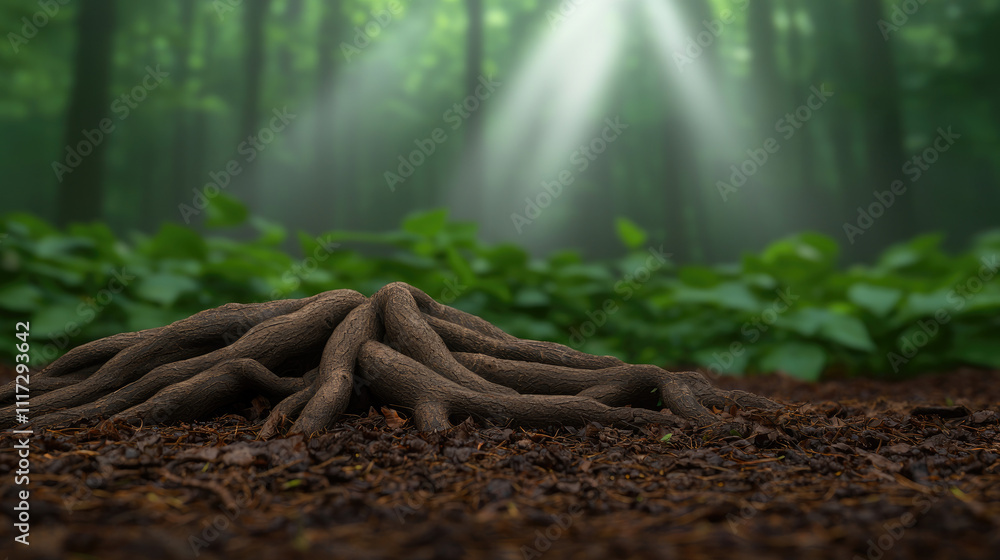 Poster a close-up view of tree roots surrounded by lush greenery and soft sunlight filtering through.