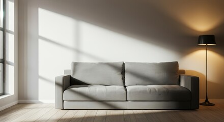 Minimalist Living Room with Gray Sofa and Modern Floor Lamp