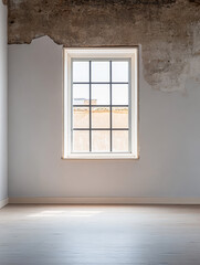 Fototapeta premium Natural light streaming through a large window in a minimalist room with rustic walls