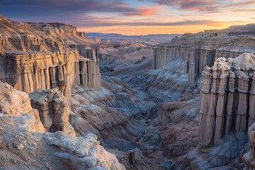 Colorful canyon with unique rock formations at sunset.