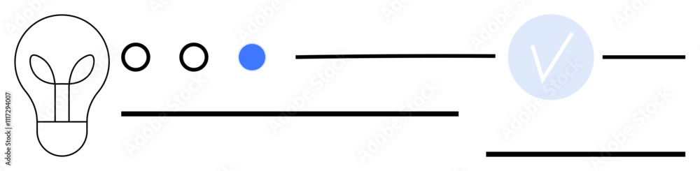 Poster lightbulb with two abstract lines and circles connecting to a blue dot and a checkmark icon. ideal f