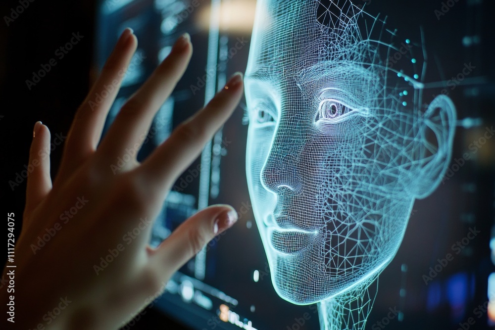 Poster hand engaging with digital display featuring advanced 3d facial recognition technology interface