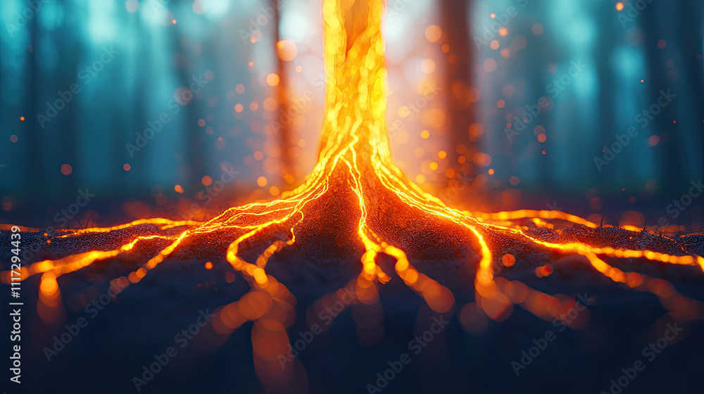 Aufkleber a glowing tree root illuminated by lava creates a surreal forest scene at twilight.