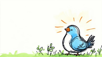 Obraz premium Charming Cartoon Bird with Blue Feathers and Bright Orange Beak Standing on Green Grass with Sunlight