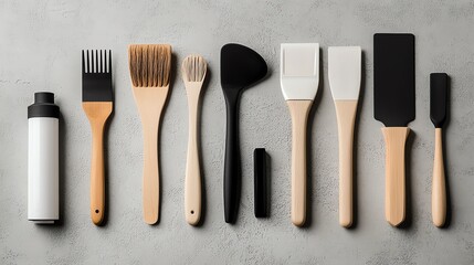 A set of ceramic hand tools with glossy finishes, placed on a smooth stone surface
